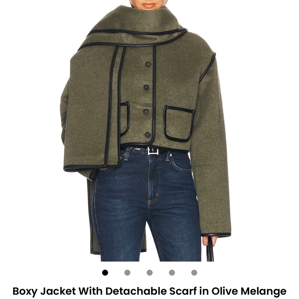 NWOT Boxy Wool Jacket w/ Detachable Scarf in Olive Leather Trim - SOLD OUT